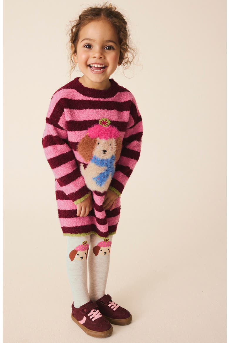 Kids' Dog Fuzzy Knit Dress & Tights Set, Alternate, color, PINK STRIPE