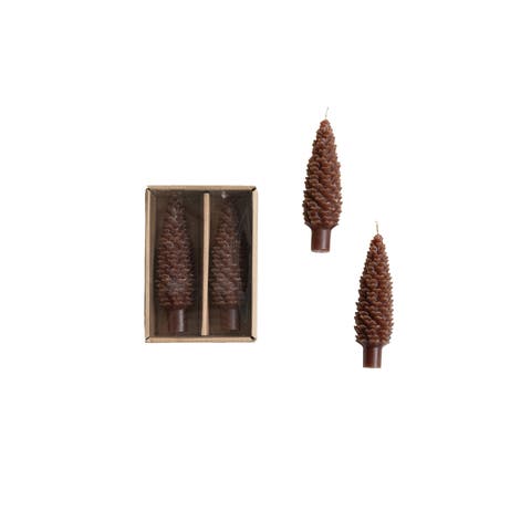 2-Piece Unscented Pinecone Shaped Taper Candles in Box, Brown