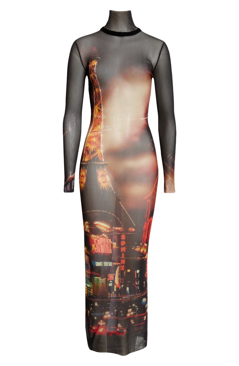 Jean Paul Gaultier City Print Long Sleeve Sheer Mesh Turtleneck Dress, Alternate, color, 