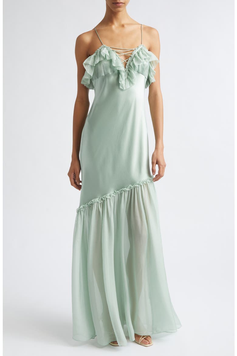 Elaria Ruffle Silk Gown, Main, color, CELADON
