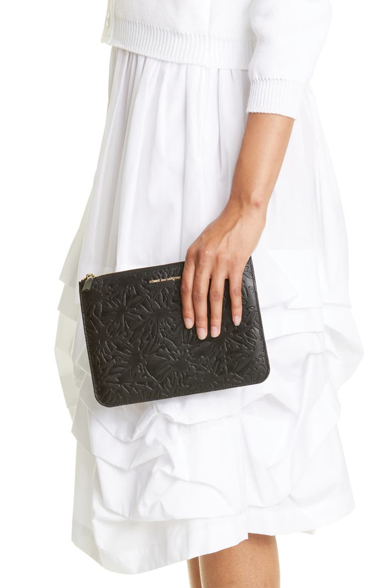 Large Forest Embossed Leather Zip Pouch, Alternate, color, BLACK