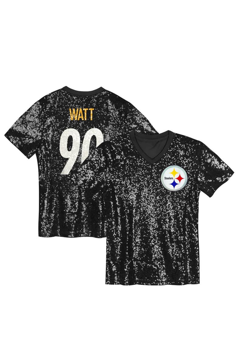 Outerstuff Girls Youth T.J. Watt Black Pittsburgh Steelers Sequin V-Neck Fashion Jersey, Main, color, Black