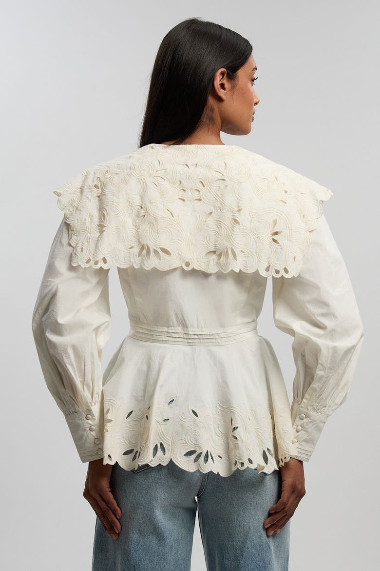 Cutwork Detail V-Neck Peplum Blouse, Alternate, color, Ivory