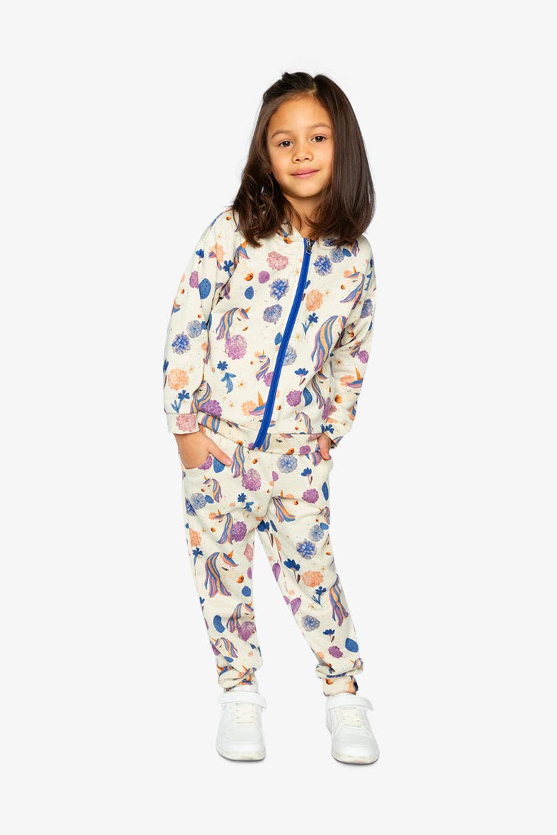 Hooded Zip Side Pocket French Terry Cardigan, Alternate, color, Beige Unicorn Print