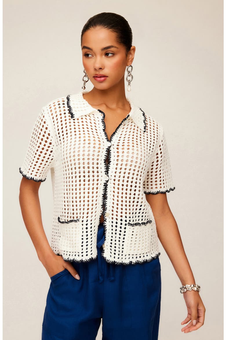 Gemma Open Knit Button-Up Shirt, Alternate, color, OFF WHITE / NAVY