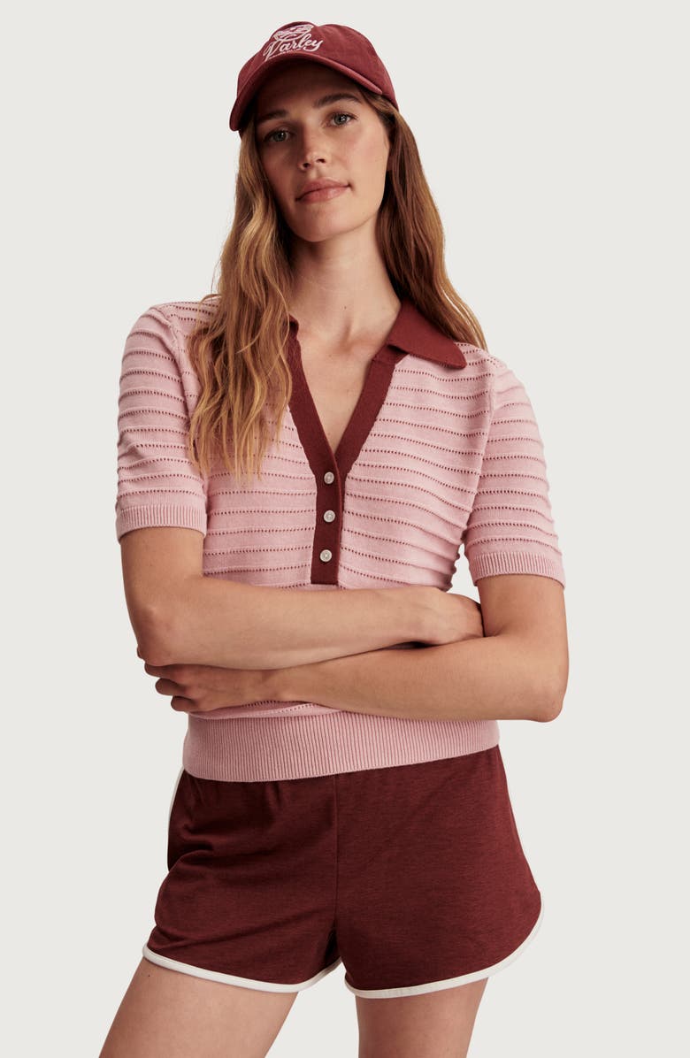 Varley Wren Stripe Cotton Blend Pointelle Polo Sweater, Alternate, color, Zephyr Mauve / Port