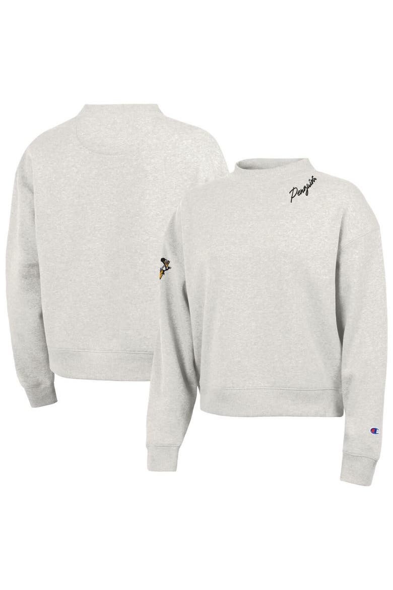 Women's Champion  Oatmeal Pittsburgh Penguins Collar Script Triumph Fleece Crewneck Sweatshirt, Main, color, Oatmeal