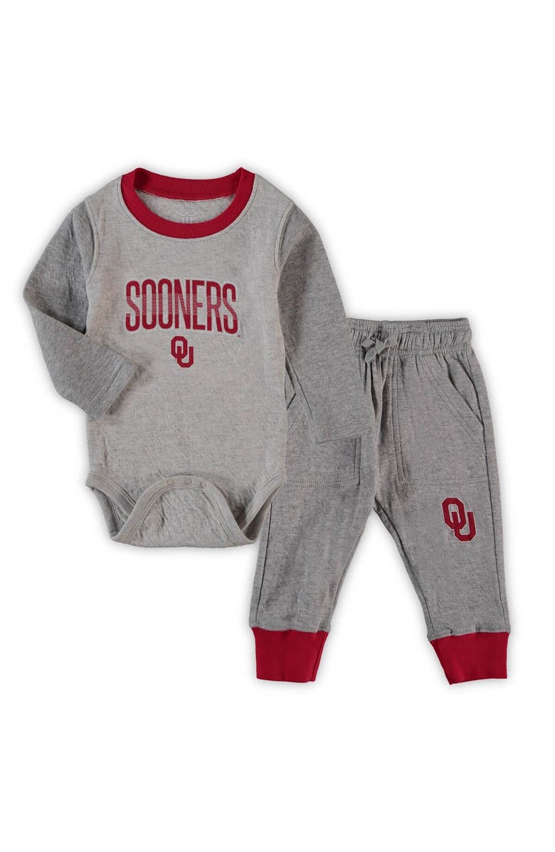 Wes & Willy Infant Wes & Willy Heathered Gray/Crimson Oklahoma Sooners Jie Jie Long Sleeve Bodysuit & Pants Set, Main, color, Heather Gray