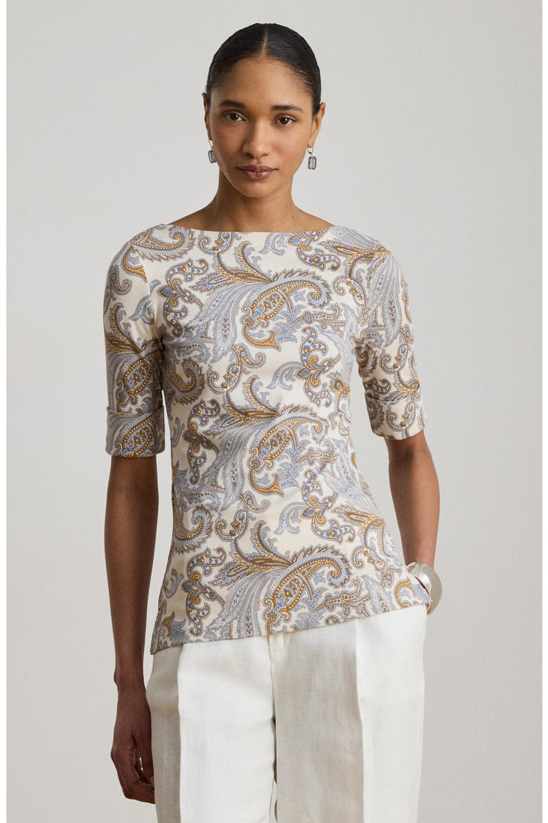 Paisley Stretch Cotton Boat Neck T-Shirt, Alternate, color, CREAM/ MULTI