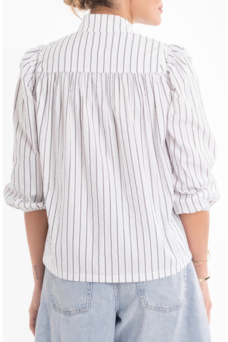 Mini Stripe Cotton Tie Neck 3/4 Sleeve Top, Alternate, color, Black and White Mini Stripe