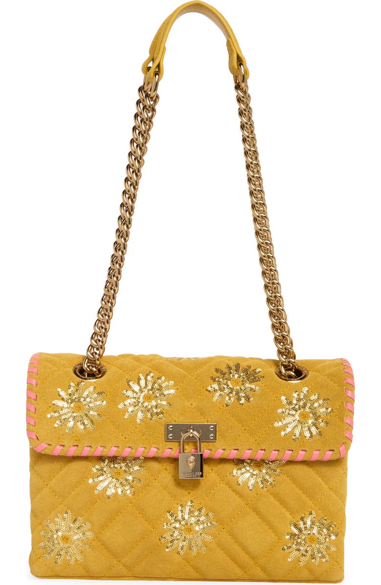 Kurt Geiger London Brixton Sequin Flower Suede Shoulder Bag, Main, color, Dark Yellow