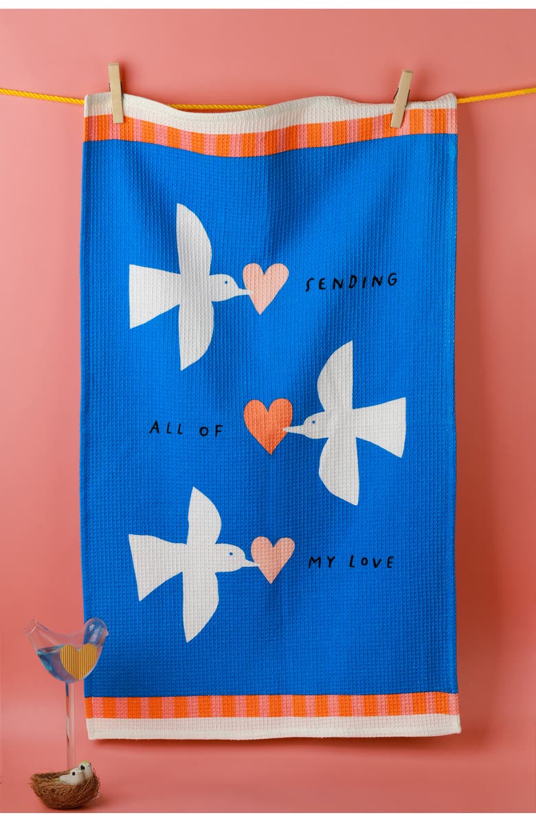 Tiramisu Love Is In The Air Set of 3 Kitchen Towels, Alternate, color, Royal Blue/ Coral Orange