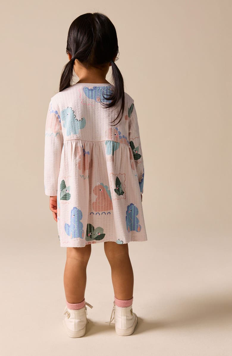 NEXT Kids' Dinosaur Print Long Sleeve Cotton Dress, Alternate, color, Cream