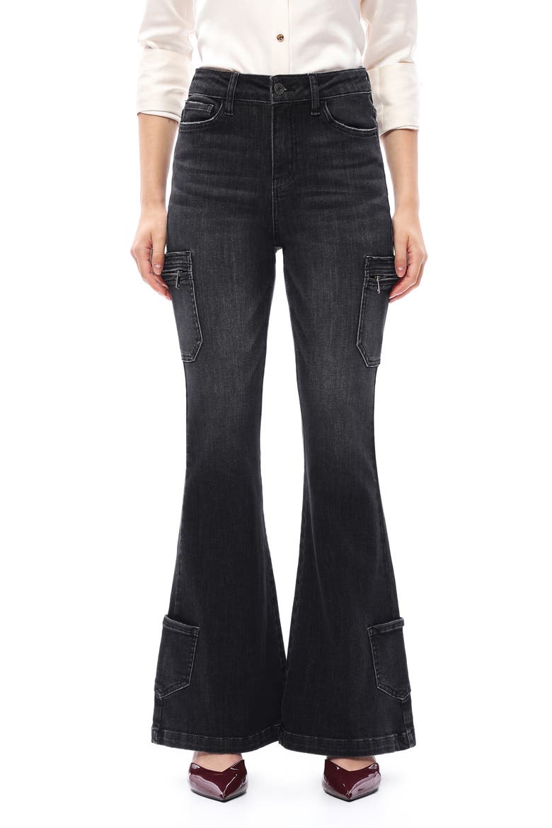 High Waist Flare Cargo Jeans, Main, color, BLACK