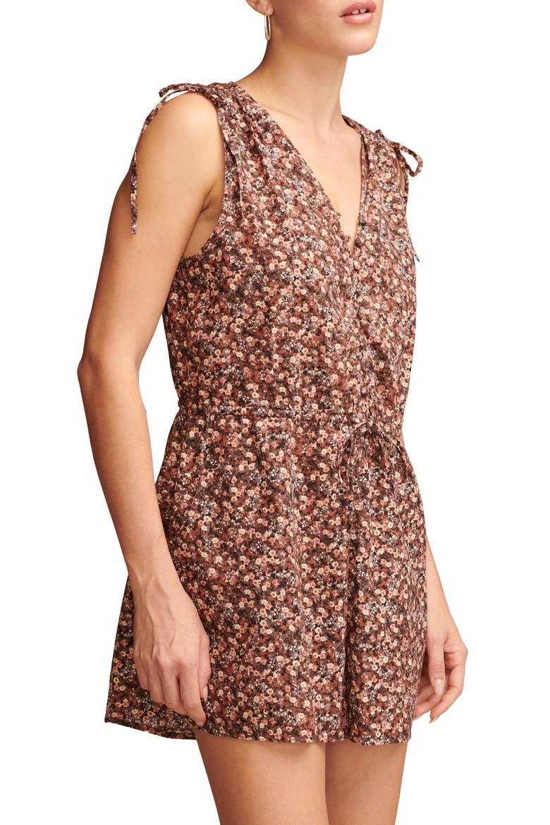 Floral Print Cinched Sleeveless Cotton Romper, Alternate, color, PEACH WHIP MULTI
