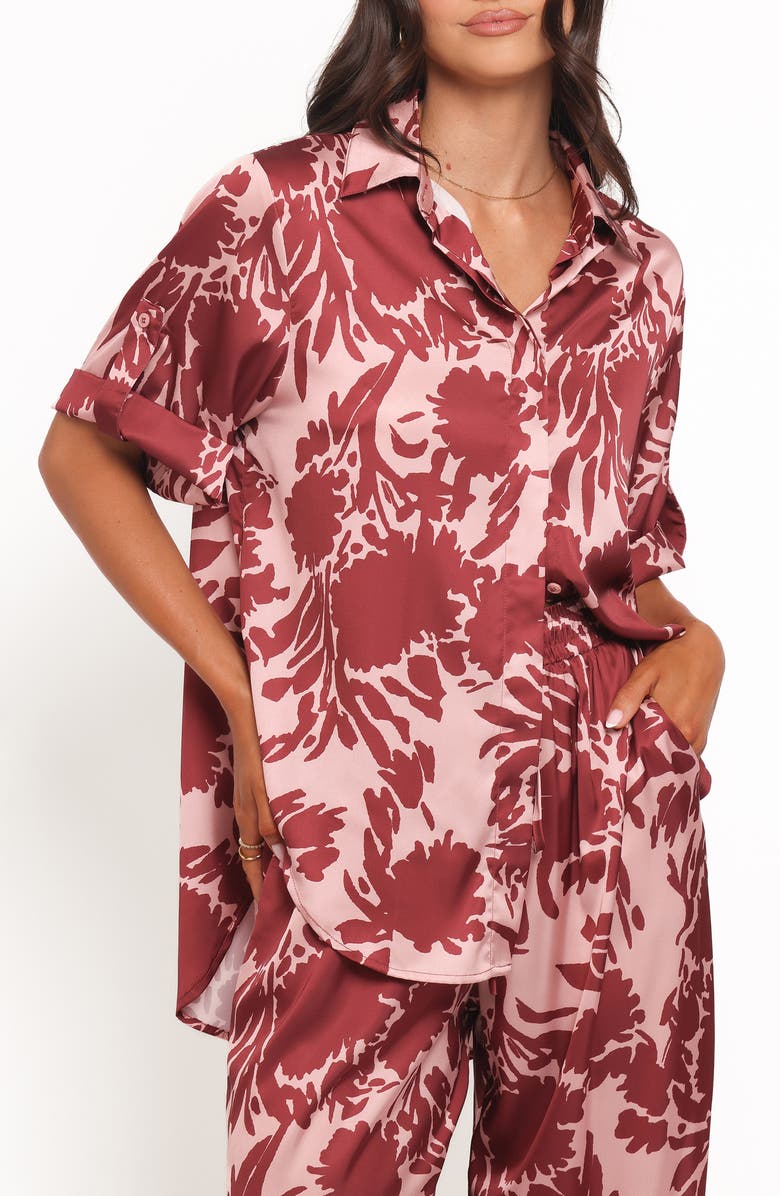 Petal & Pup Elysia Floral Print Oversize Button-Up Shirt, Main, color, Pink Burgundy
