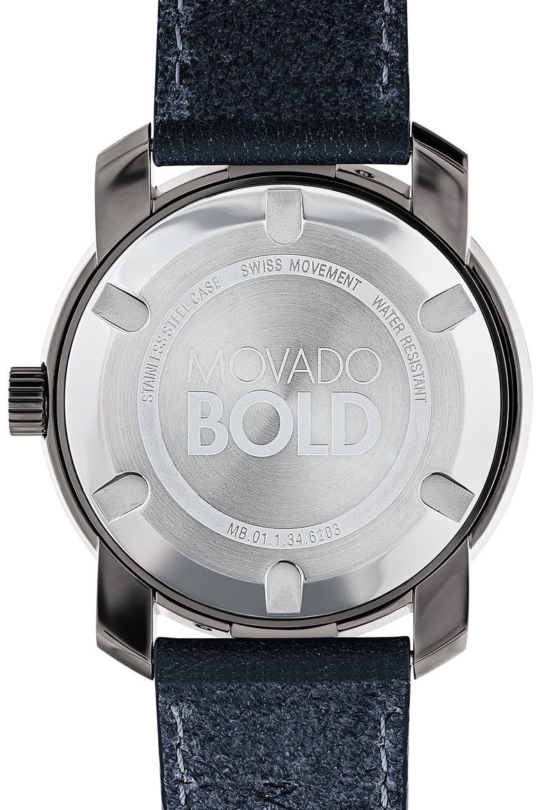 Bold Leather Strap Watch, 42.5mm, Alternate, color, BLUE/ GUNMETAL