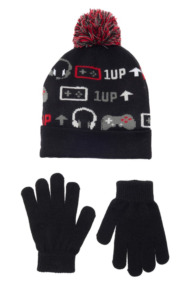 Kids' Gamer Pompom Beanie & Gloves Set, Main, color, BLACK COMBO