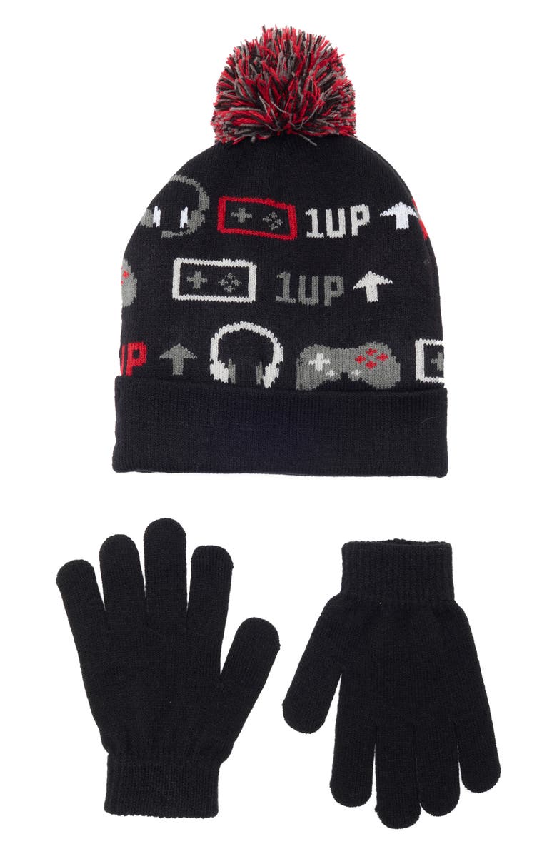 Capelli New York Kids' Gamer Pompom Beanie & Gloves Set, Main, color, Black Combo