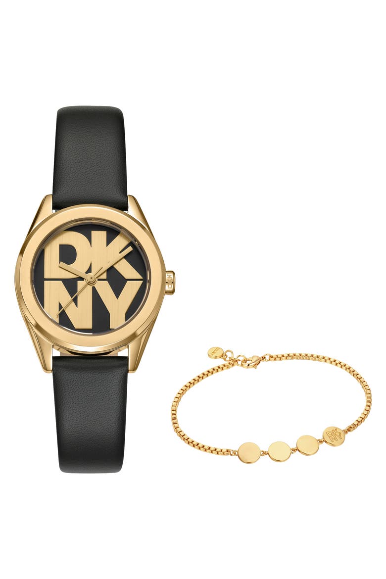Logo Collection Leather Strap Watch & Bracelet Set, 28mm, Main, color, BLACK