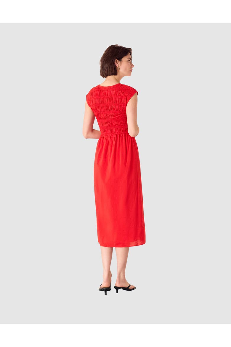 Shirred Bodice V-Neck Midi Dress, Alternate, color, Red