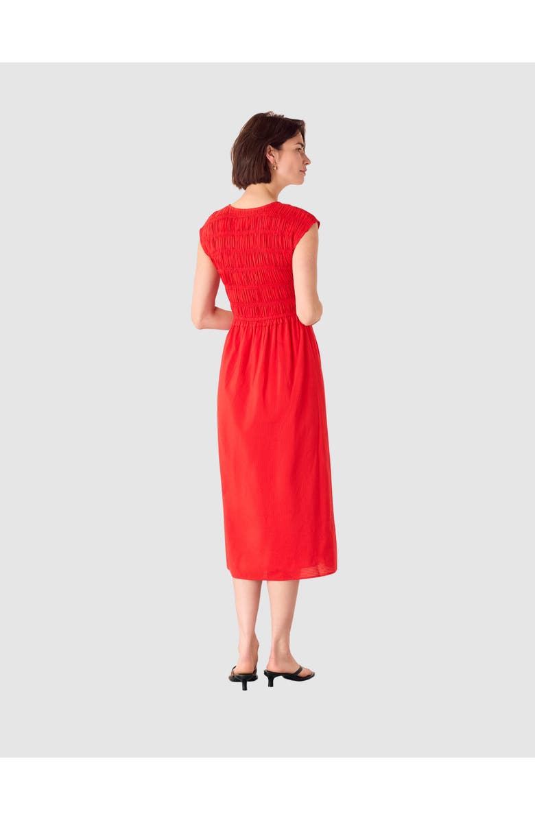 Whistles Shirred Bodice V-Neck Midi Dress, Alternate, color, Red