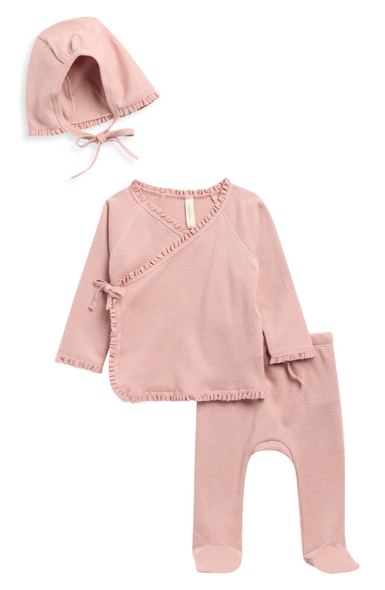 QUINCY MAE Take Home Organic Cotton Top, Footie Pants & Cap Set, Main, color, Mauve