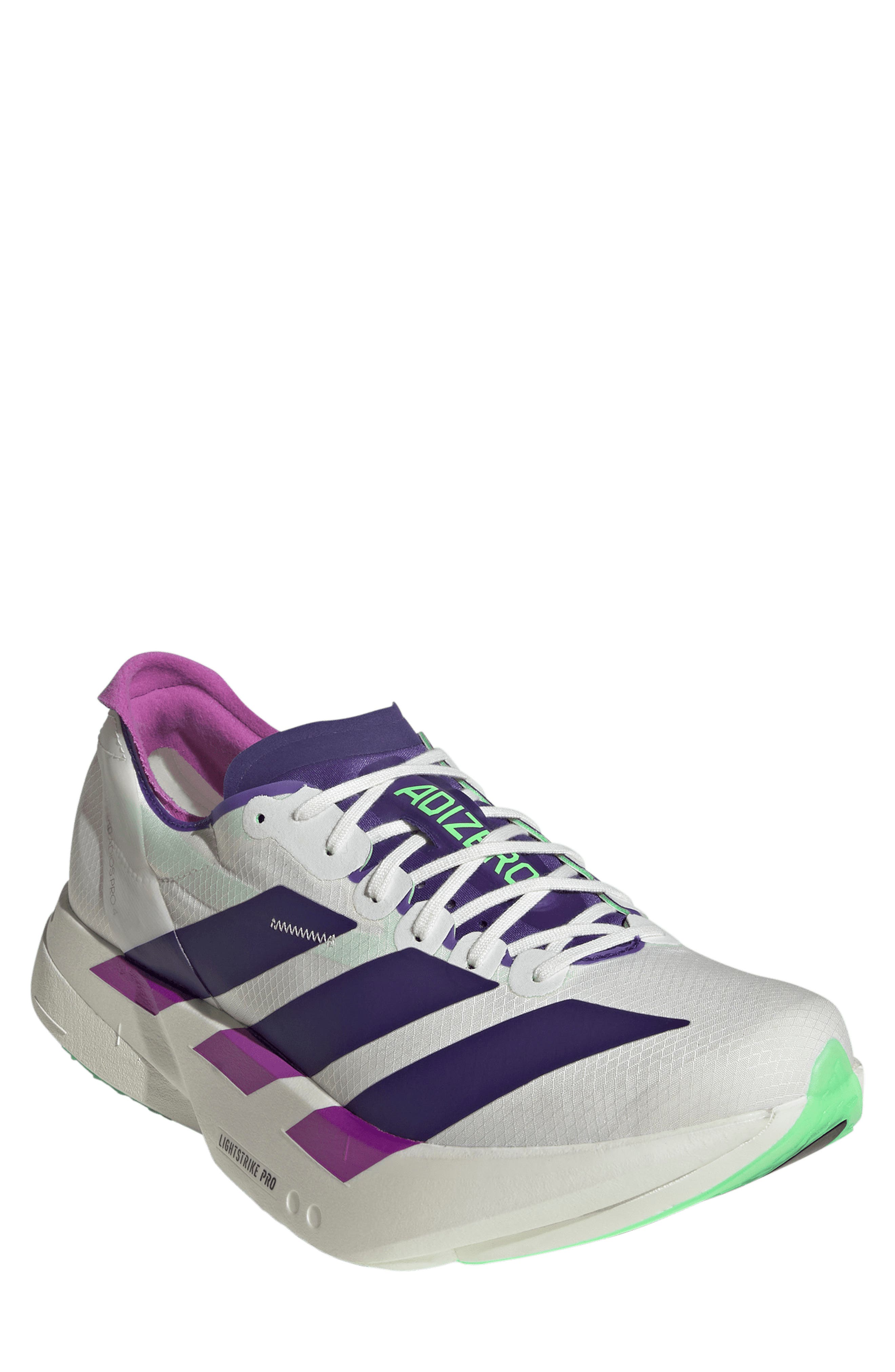 adidas Adizero Adios Pro 4 Racing Shoe, Main, color, White/ Purple/Lime Burst