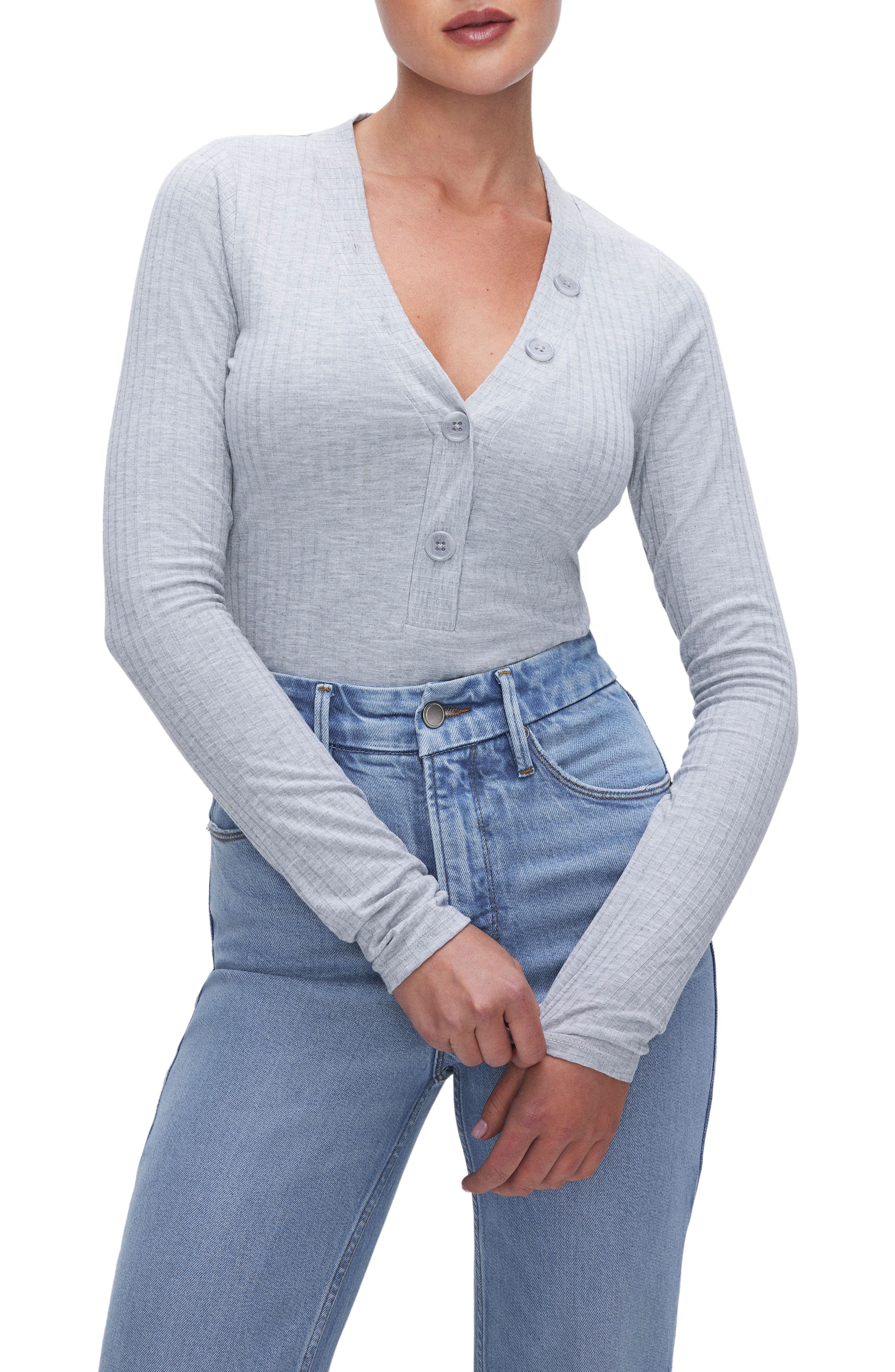Good American Ribbed Long Sleeve Henley Bodysuit