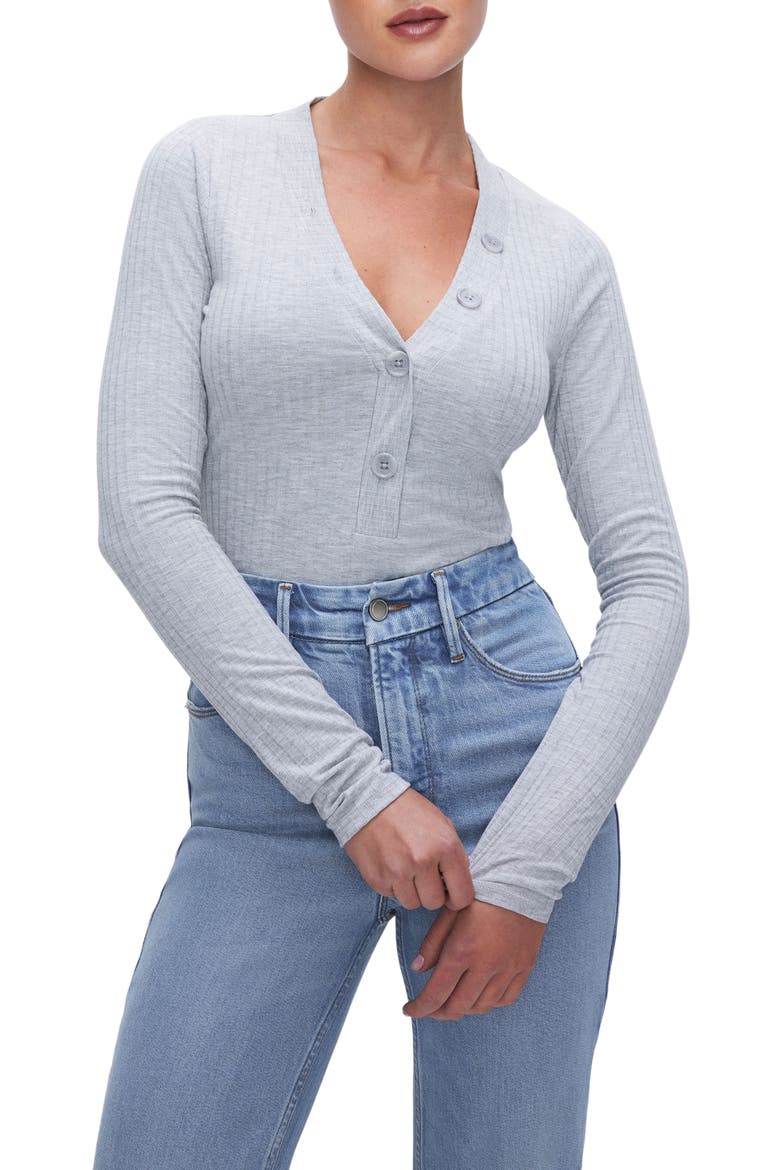 Ribbed Long Sleeve Henley Bodysuit, Main, color, HEATHER GREY001