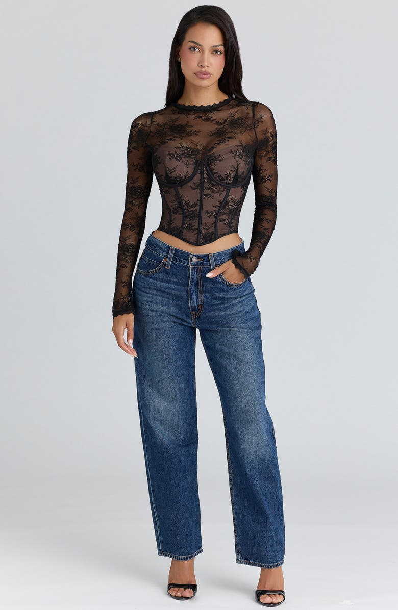 HOUSE OF CB Zoe Long Sleeve Lace Crop Corset Top, Alternate, color, Black