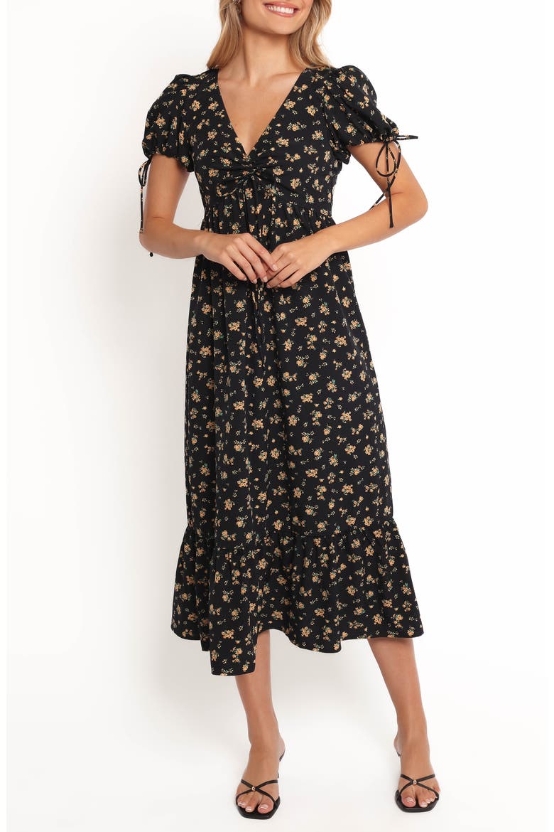 Zina Floral Puff Sleeve Midi Dress, Main, color, BLACK FLORAL