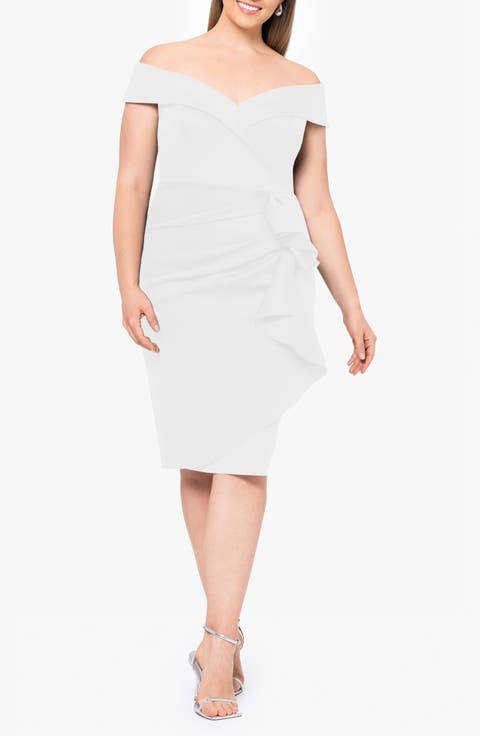 Ruffle Off the Shoulder Scuba Knit Cocktail Dress (Plus)