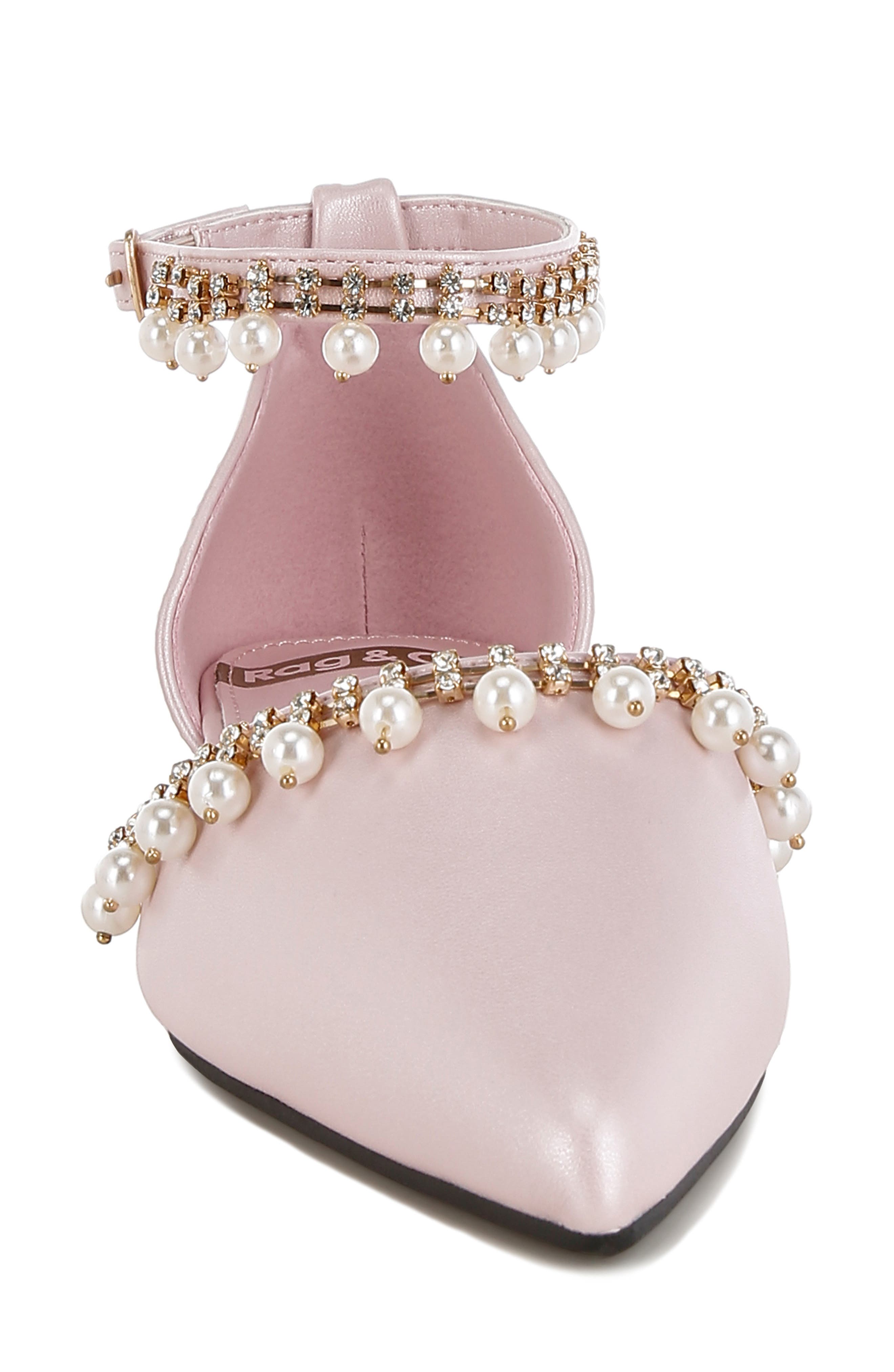 Aouva Rhinestone & Faux Pearl Almond Toe Flat, Alternate, color, PINK
