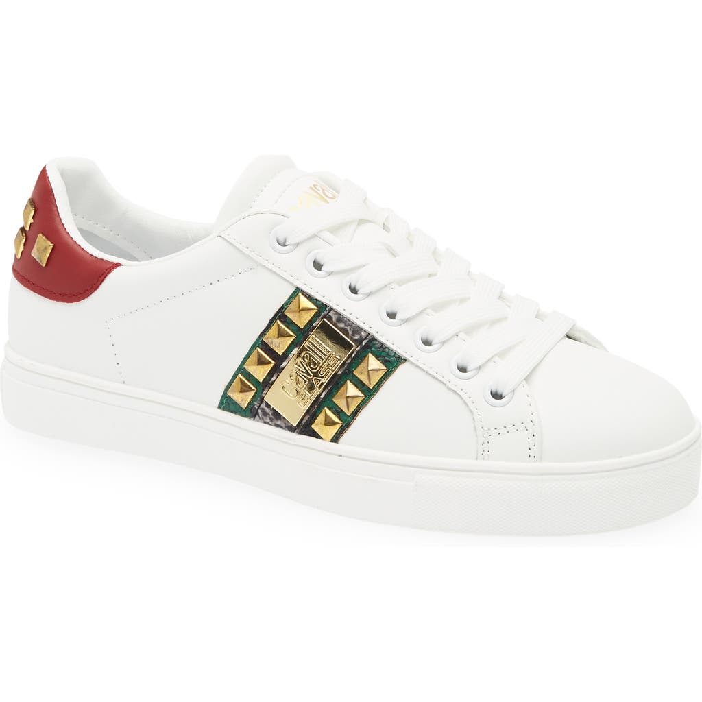 Roberto Cavalli Snake Embossed Pyramid Stud Tennis Shoe In White
