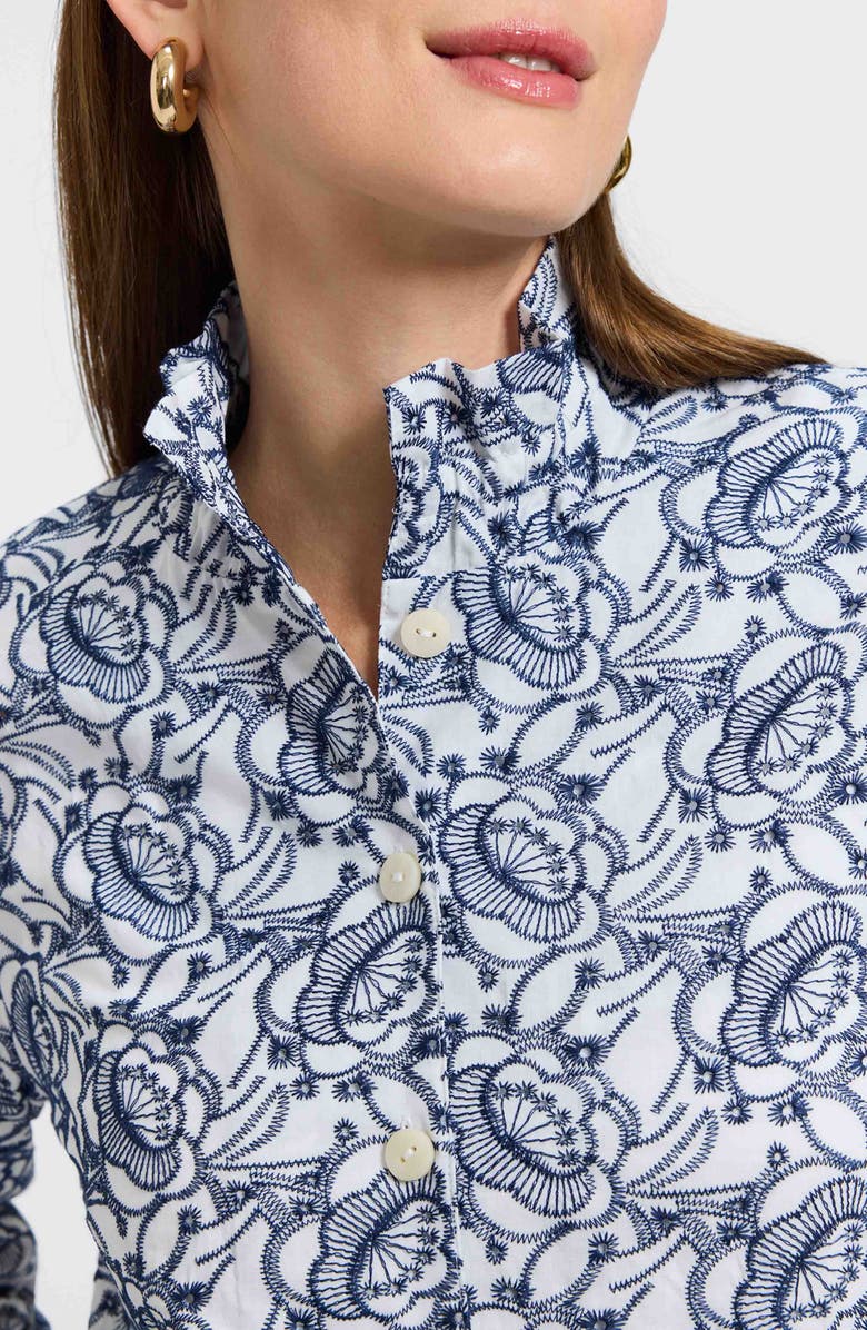 Foxcroft Carolina Floral Embroidered Cotton Button-Up Shirt, Alternate, color, White/Navy