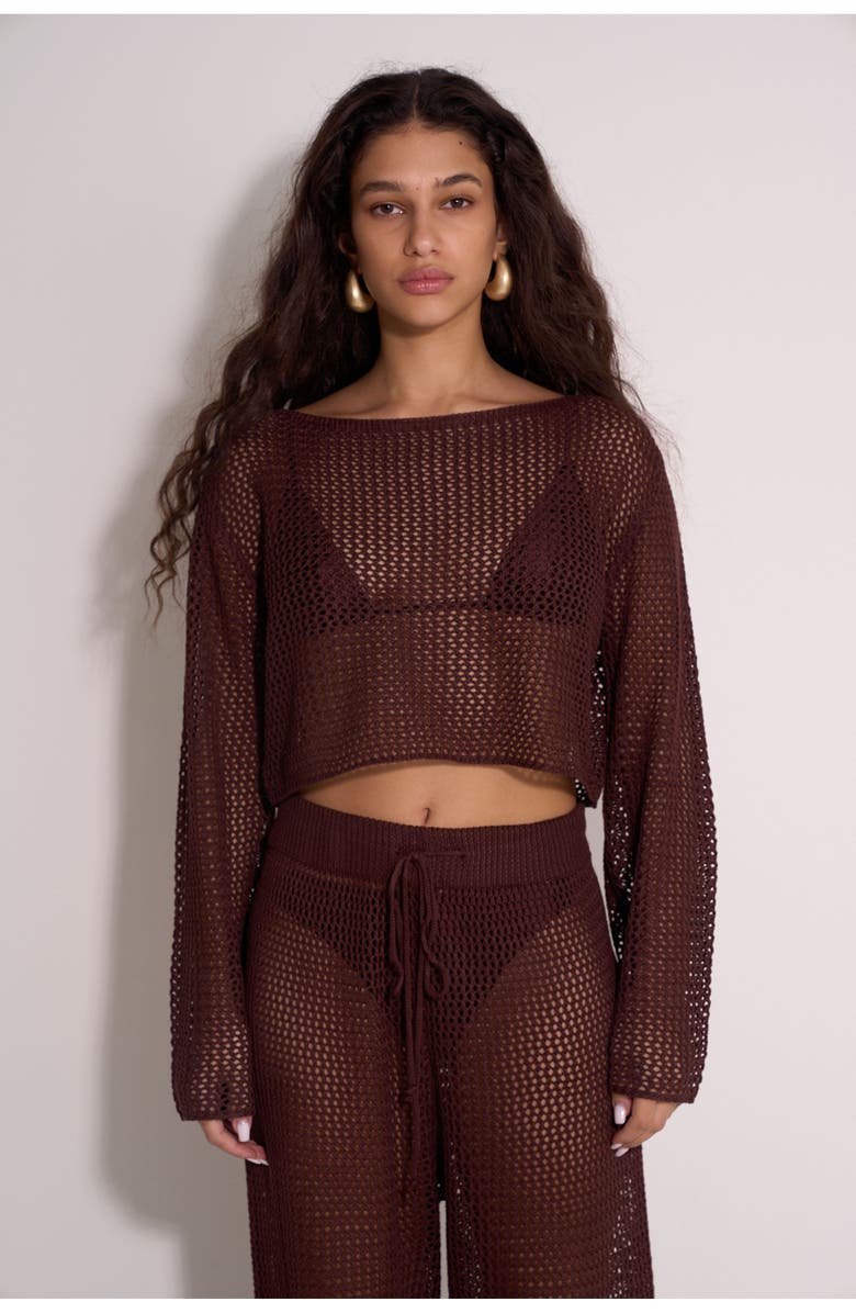 Gottex Beach Life Anna Two Crochet Long Sleeve Beach Top, Alternate, color, Dark-Brown