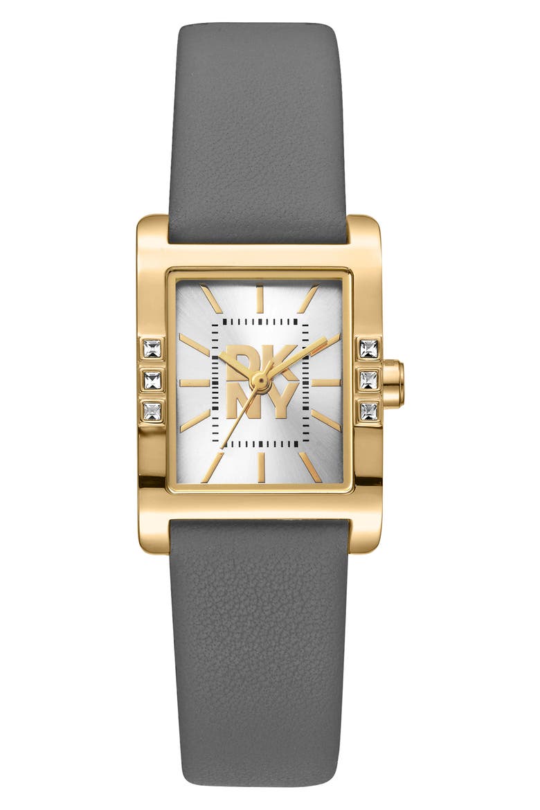 Crystal Bezel Three Hand Quartz Leather Strap Watch, 22mm x 29.5mm, Main, color, BLACK