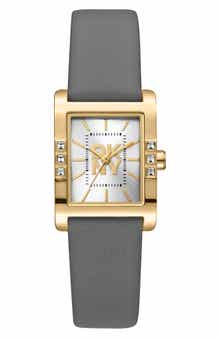 Crystal Bezel Three Hand Quartz Leather Strap Watch, 22mm x 29.5mm