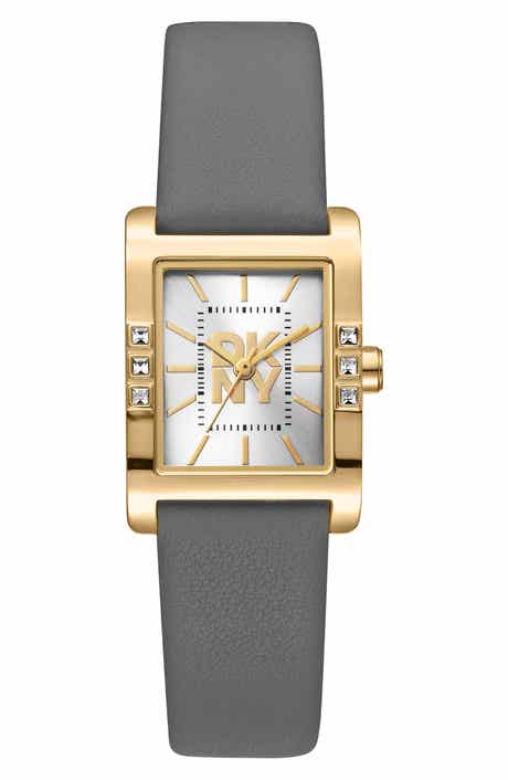 Crystal Bezel Three Hand Quartz Leather Strap Watch, 22mm x 29.5mm