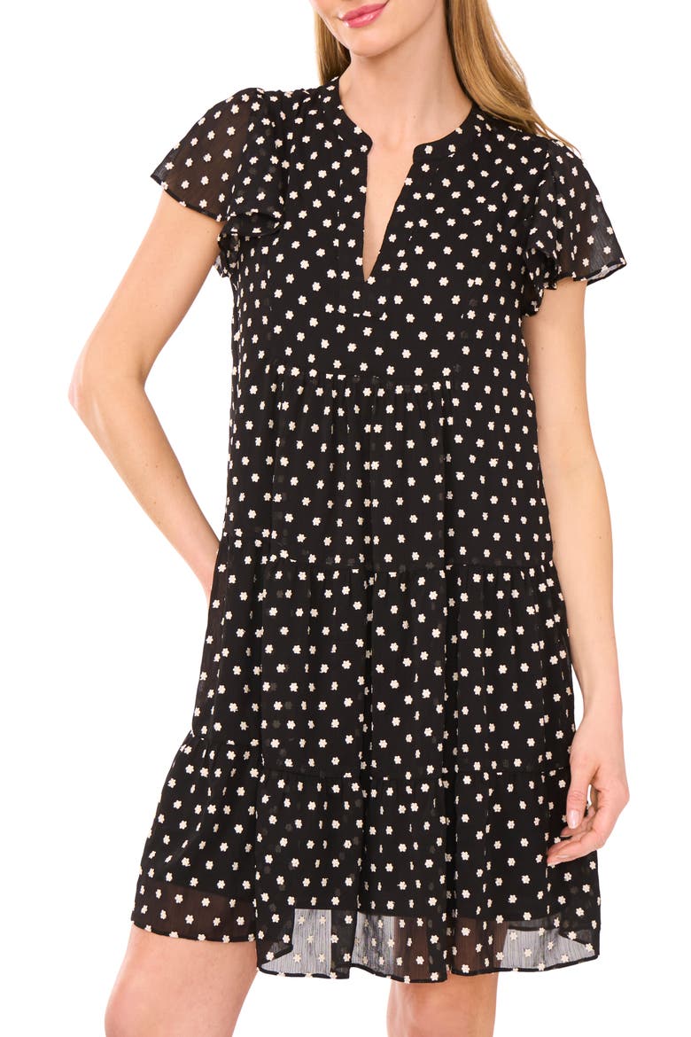 Embroidered Floral Flutter Sleeve Tiered Minidress, Alternate, color, RICH BLACK