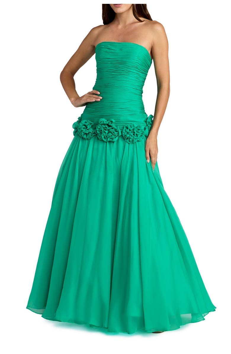 Mac Duggal Strapless Chiffon Drop Waist Ball Gown with Floral Appliqué, Main, color, Spring Green