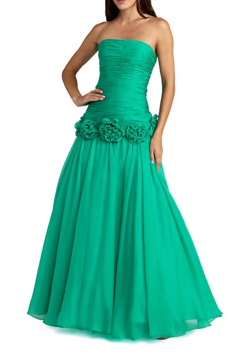 Strapless Chiffon Drop Waist Ball Gown with Floral Appliqué