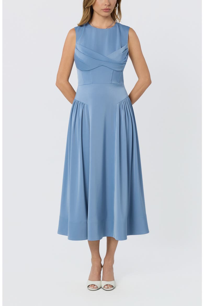 Seraphina Pleated Twist Corset Midi Dress, Main, color, DUSTY BLUE