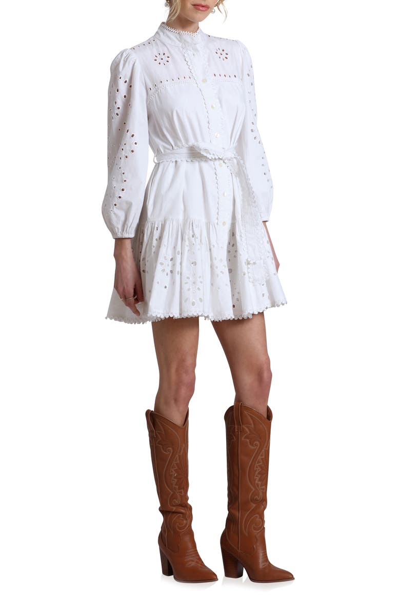Eyelet Tie Belt Long Sleeve Mini Shirtdress, Alternate, color, WHITE