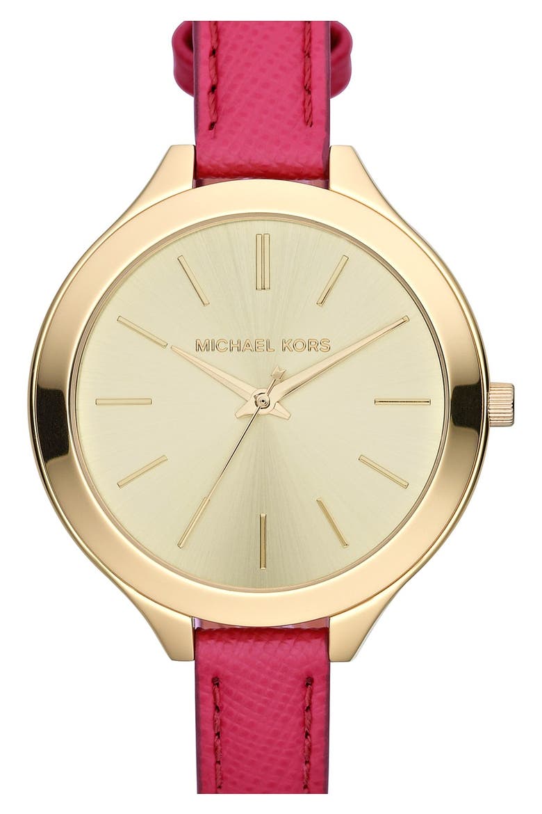 Michael Kors 'Slim Runway' Leather Strap Watch, 42mm, Main, color, PINK/ GOLD