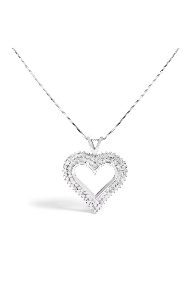.925 Sterling Silver 1.0 Ctwt Diamond Open Heart Pendant Necklace, Main, color, White