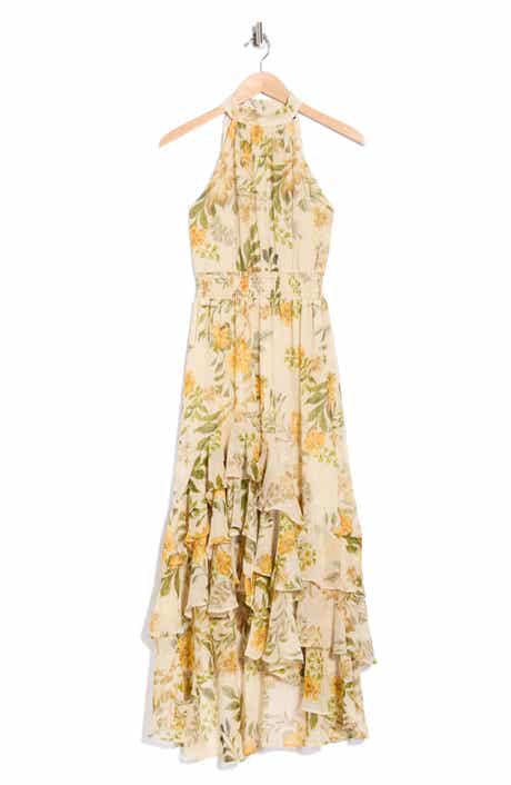 CeCe Floral Halter Neck Ruffle Chiffon Maxi Dress