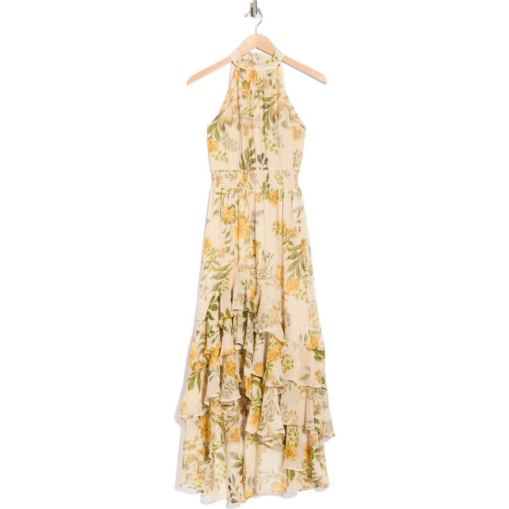 Cece Floral Halter Neck Ruffle Chiffon Maxi Dress In Yellow