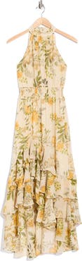 CeCe Floral Halter Neck Ruffle Chiffon Maxi Dress